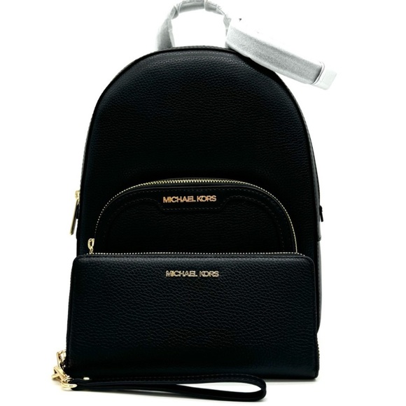 Michael Kors Medium Jaycee Backpack & Large Continental Wallet Black/Gold - Picture 1 of 14